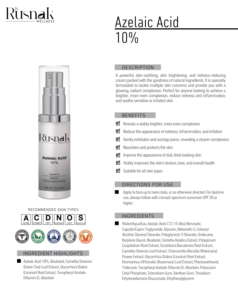 Rusnak Wellness Azelaic Acid Serum 10% for skin soothing and brightening with natural ingredients