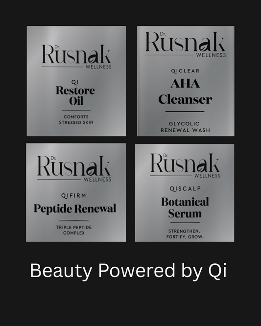 Dr. Rusnak Wellness Qi product collection featuring Restore Oil, AHA Cleanser, Peptide Renewal, and Botanical Serum with the tagline “Beauty Powered by Qi.”