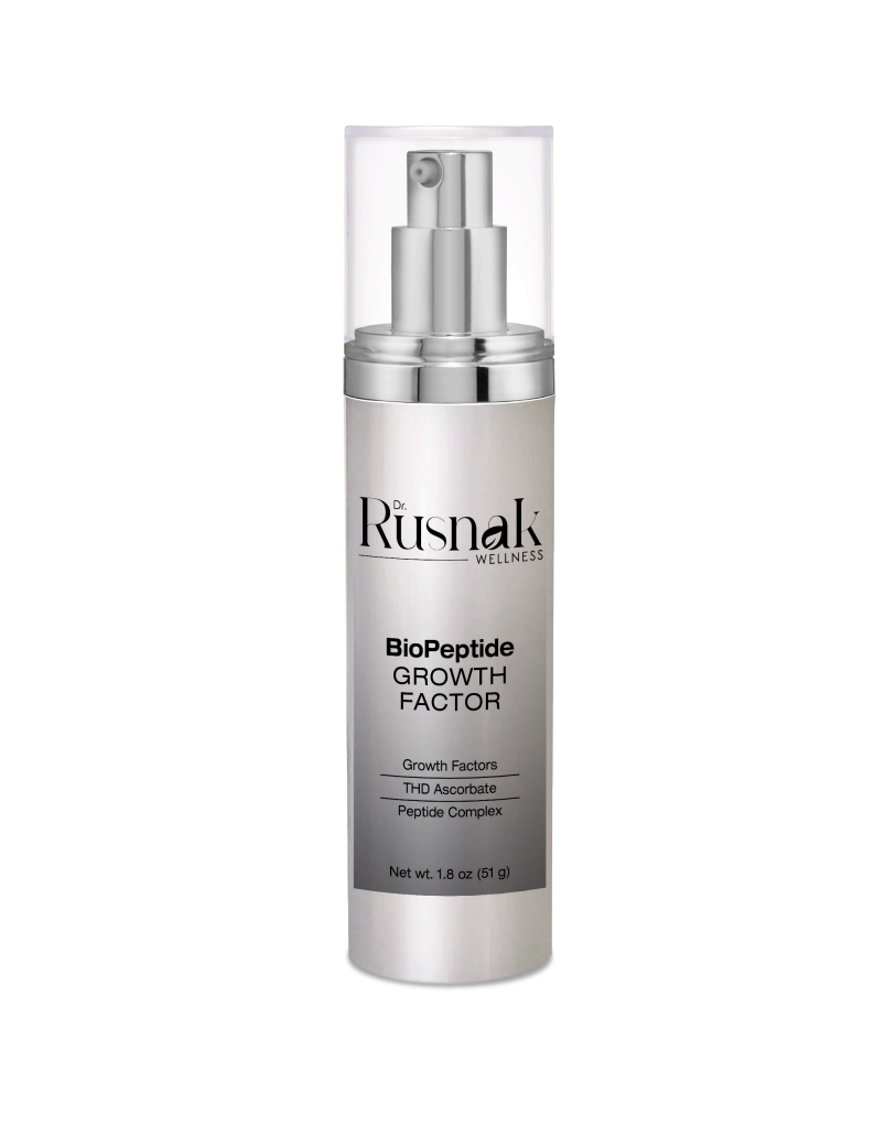 Dr Rusnak BioPeptide Growth Factor Serum in a sleek pump bottle for skin rejuvenation and hydration