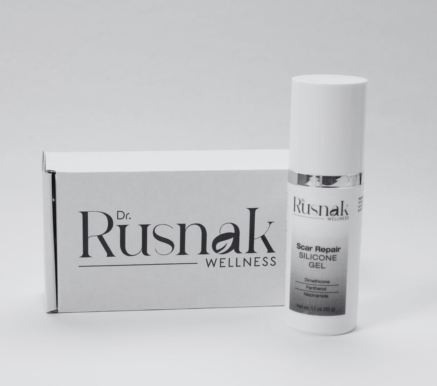 Dr. Rusnak Wellness scar repair silicone gel with packaging on a light gray background
