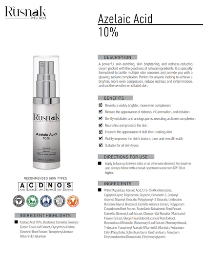 Rusnak Wellness Azelaic Acid Serum 10% for skin soothing and brightening with natural ingredients